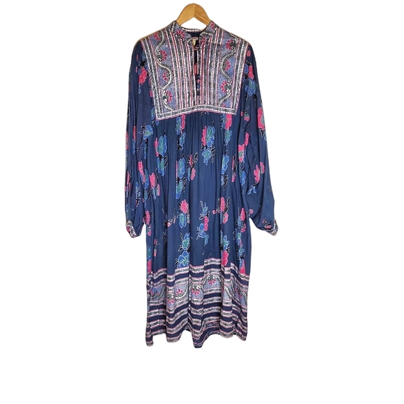 Vintage Dresses & Skirts - Night Spirits Navy Pink and Silver Floral Long Sleeve Indian Hippie Folk Dress